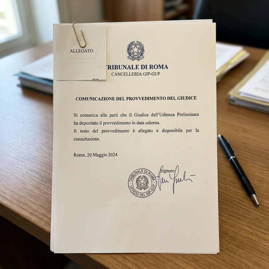 Italian document reading “TRIBUNALE DI ROMA,” “CANCELLERIA GIP-GUP,” “COMUNICAZIONE DEL PROVVEDIMENTO DEL GIUDICE,” and “Roma, 20 Maggio 2024,” with a signature and court stamp.