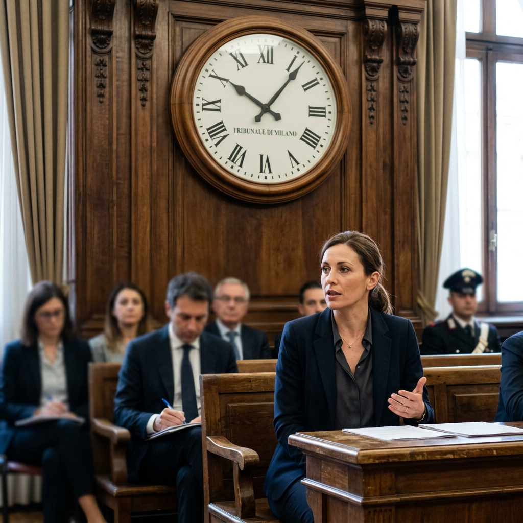 Lawyer speaking in Milan courtroom beneath a clock marked Tribunale di Milano