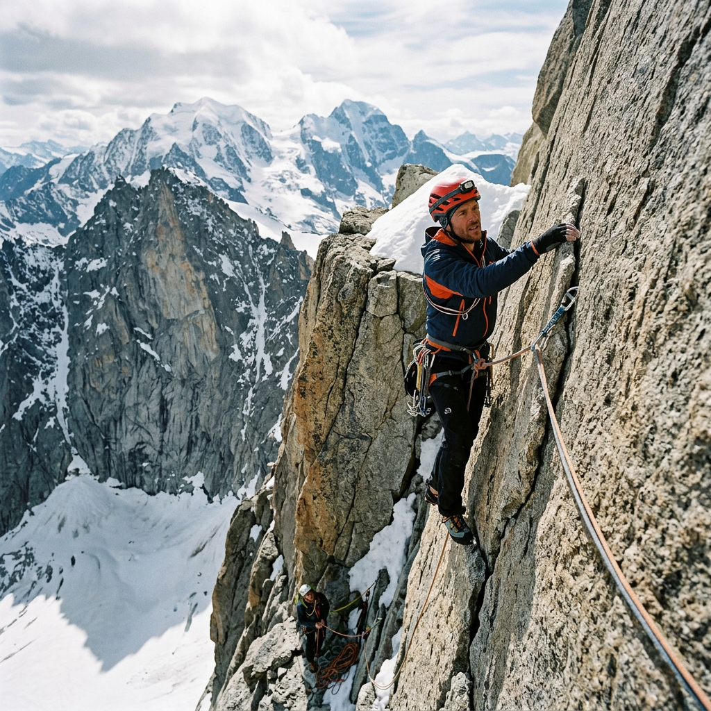 Two climbers rope up a steep snowy mountain rock face