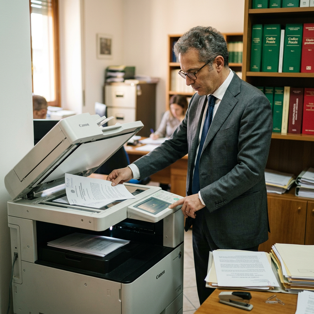 Professional scanning a document on a Canon office copier