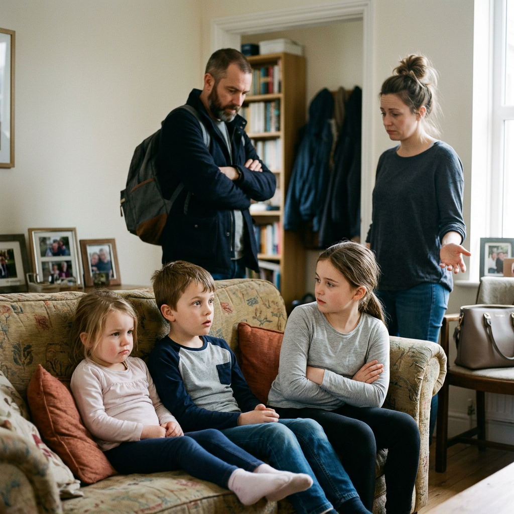 Two adults discussing a matter while three children sit on a living room sofa