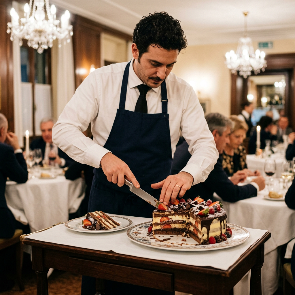 Waiter slicing a berry-topped layered cake at a formal restaurant dinner