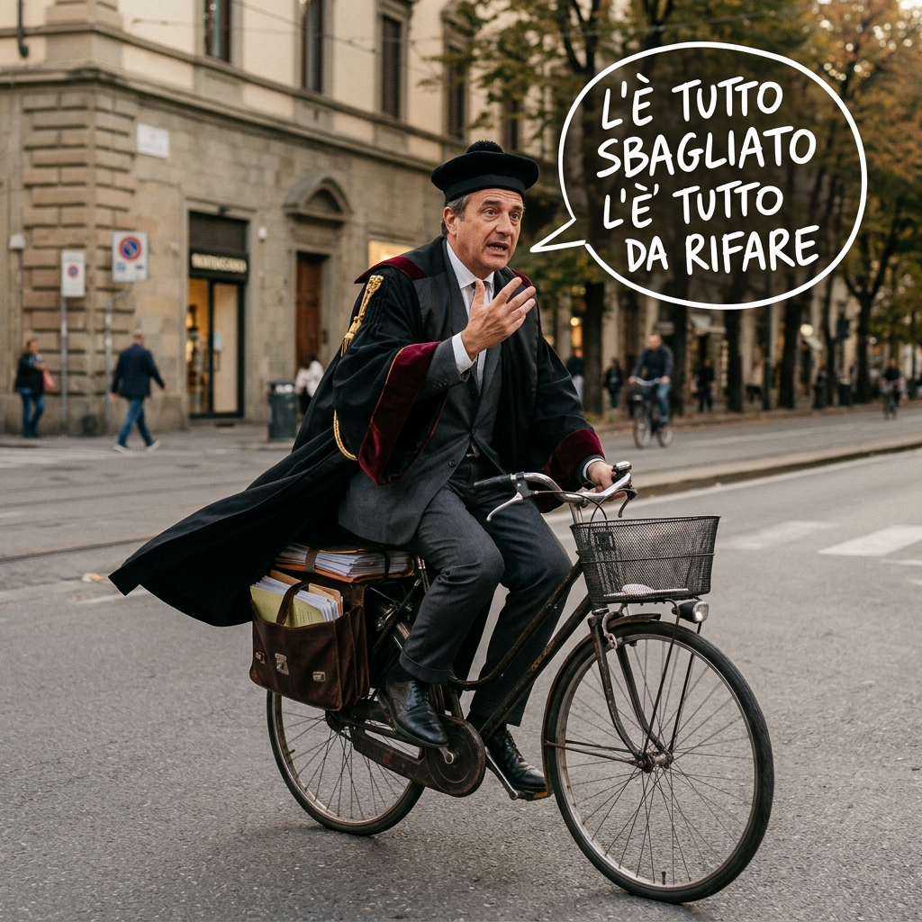Giudice della Cassazione in bicicletta con fumetto