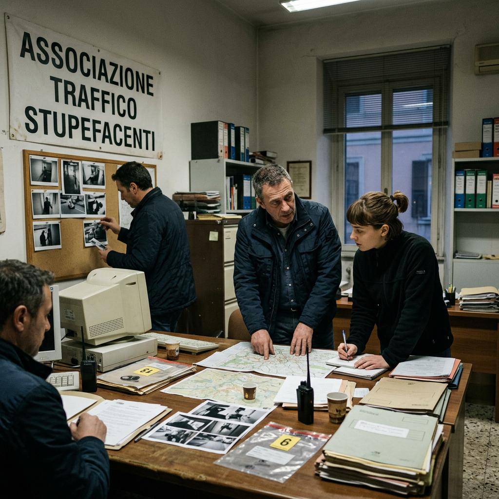 Investigators reviewing evidence under sign reading Associazione Traffico Stupefacenti