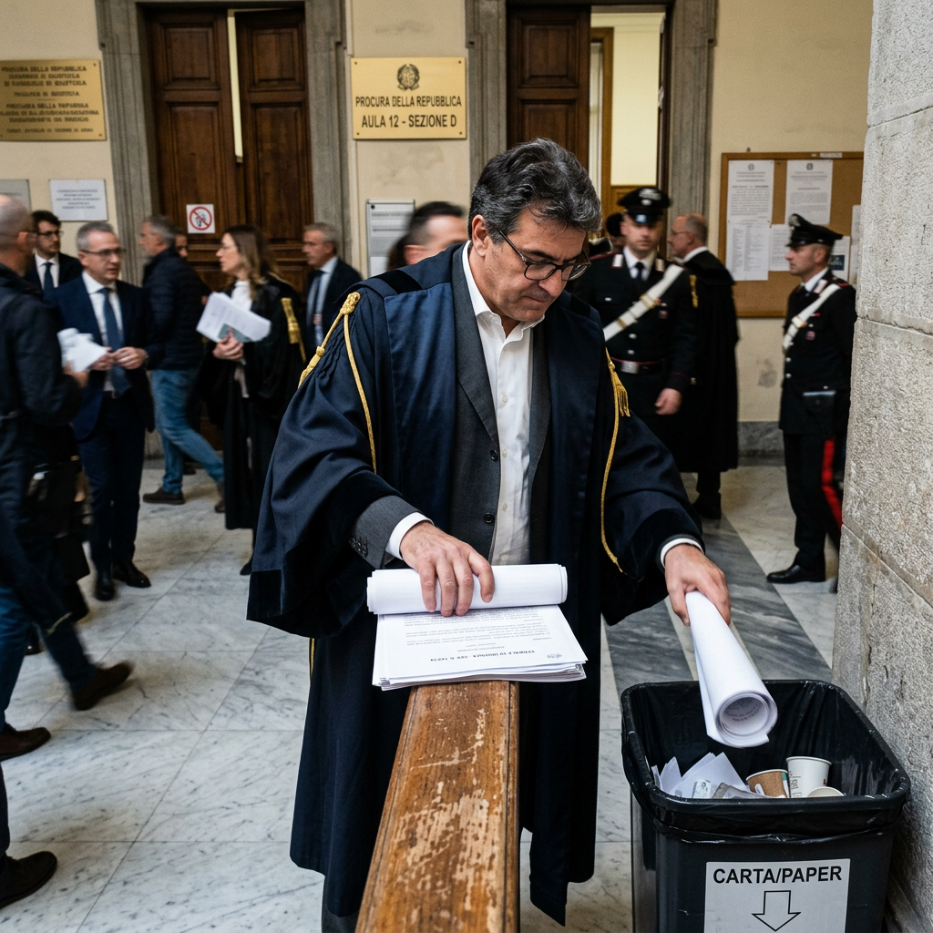 Legal professional carrying papers beside bin labeled CARTA/PAPER outside courtroom