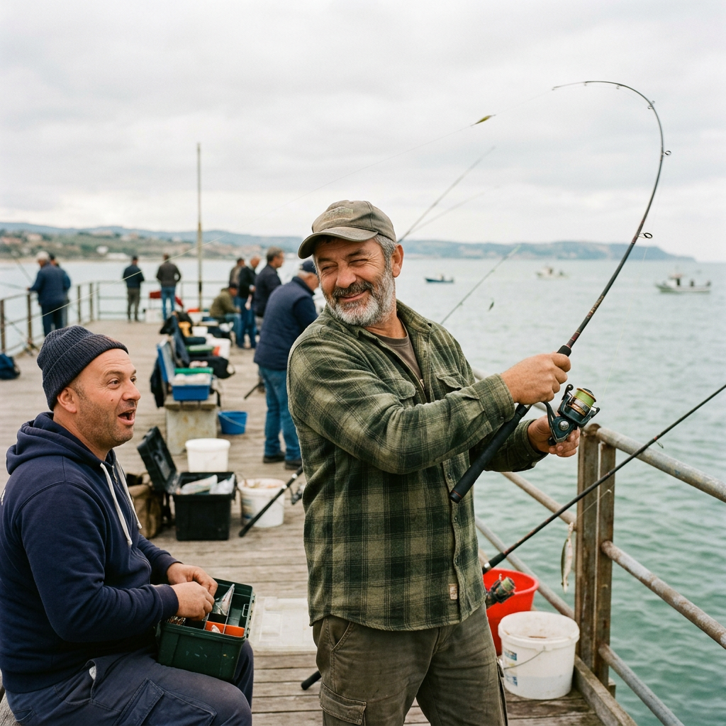 Persona che pesca facendo l'occhiolino
