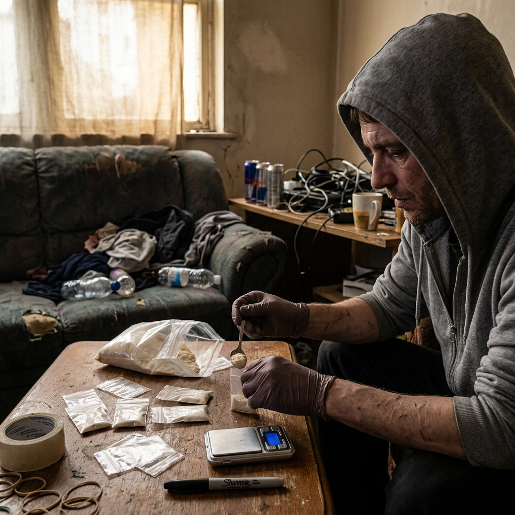Man weighing powdered substance into small packets on a table