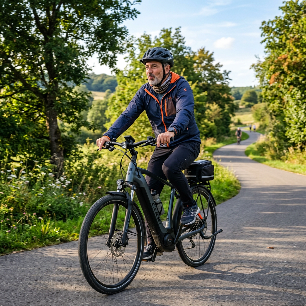 Cyclist wearing a helmet rides an electric bicycle along a rural road