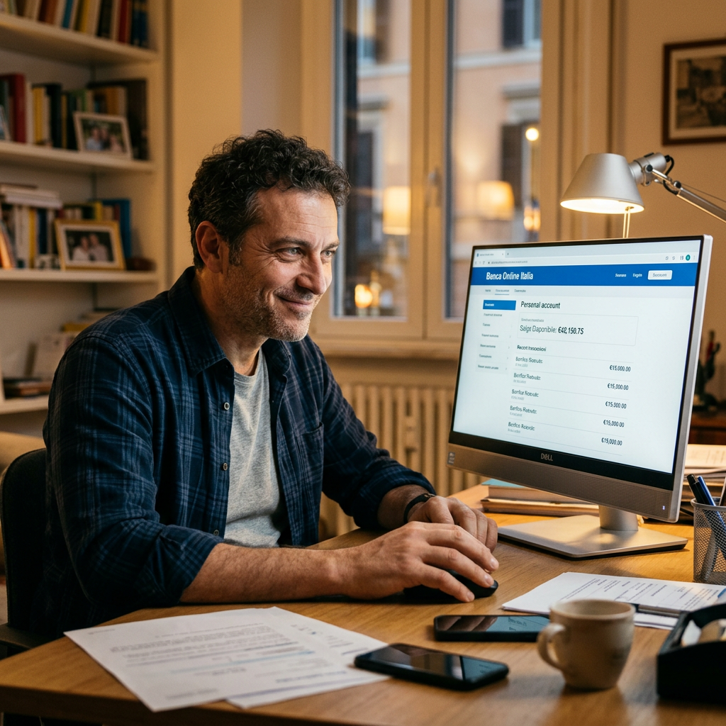 Man viewing Banca Online Italia personal account with balance and transactions