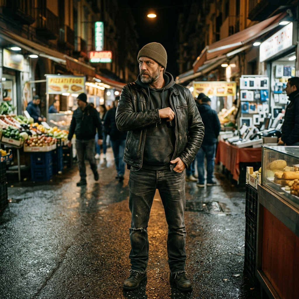 Bearded man in leather jacket standing in a busy nighttime market