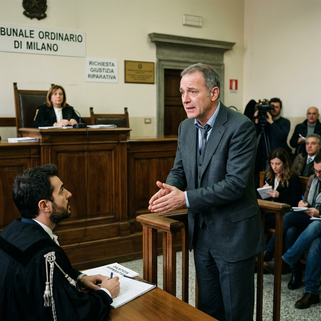 Man speaking in Milan courtroom during restorative justice hearing