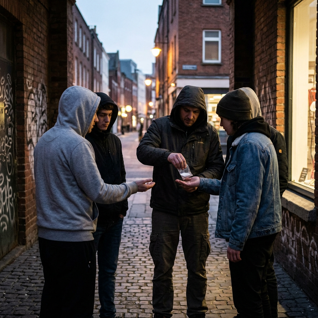 Four people talking and exchanging a small item in a city alley