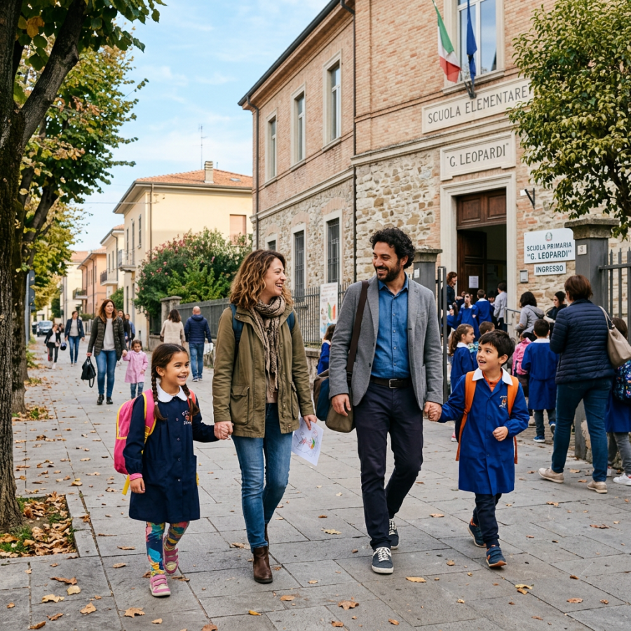 Parents and children leaving Italian primary school G. Leopardi
