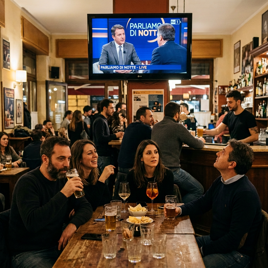 Friends at a bar watching television text reading “PARLIAMO DI NOTTE” and “PARLIAMO DI NOTTE - LIVE.”