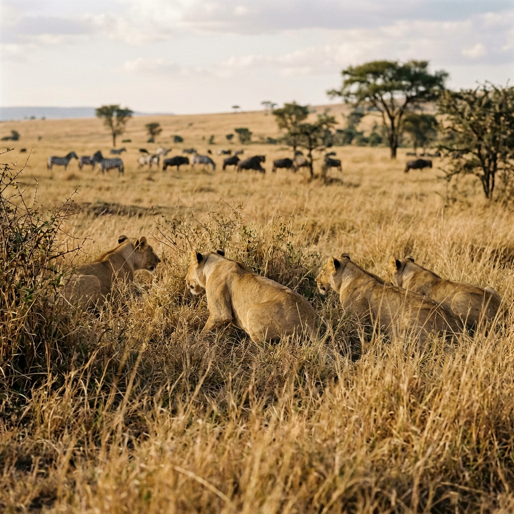 Four lions resting in tall grass with zebras and wildebeest behind them
