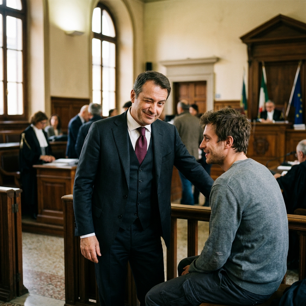 Suited man speaking with seated man in a courtroom