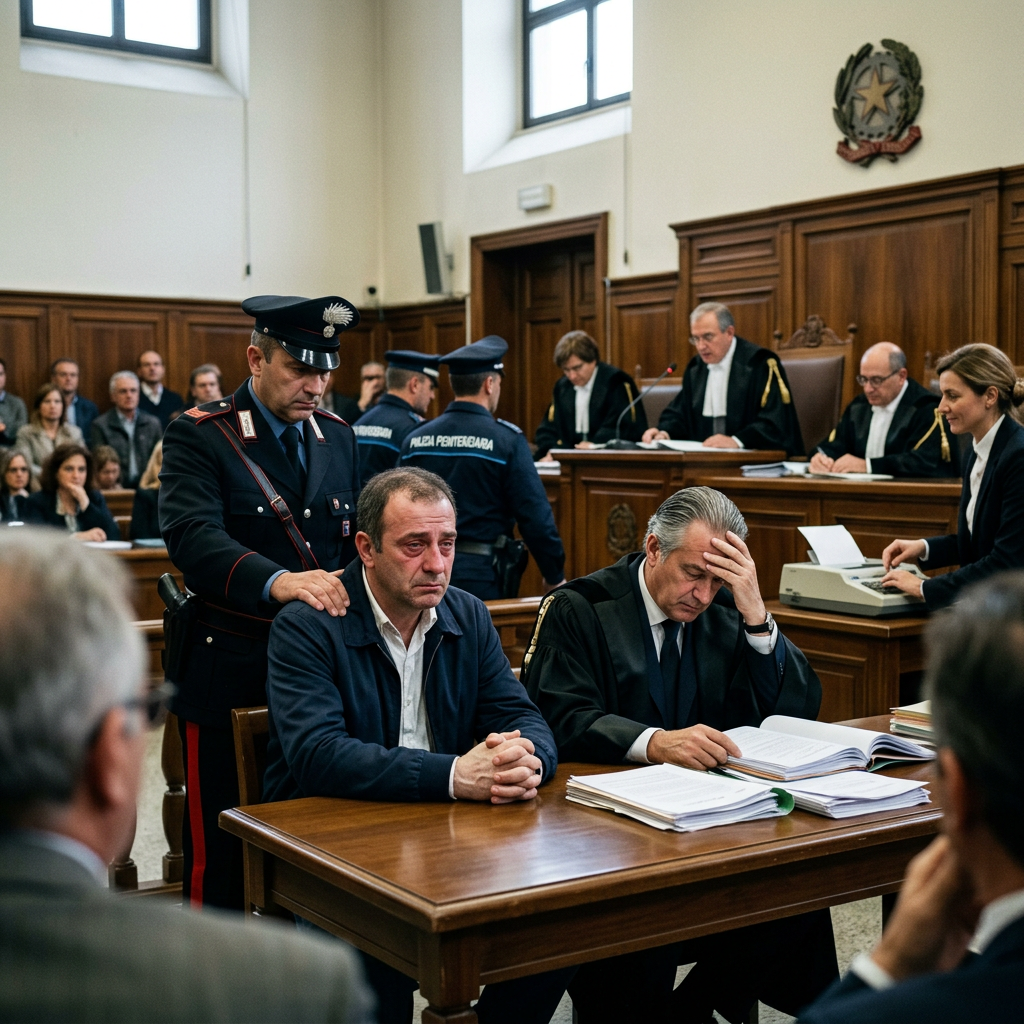 Defendant seated beside police officer during a courtroom hearing