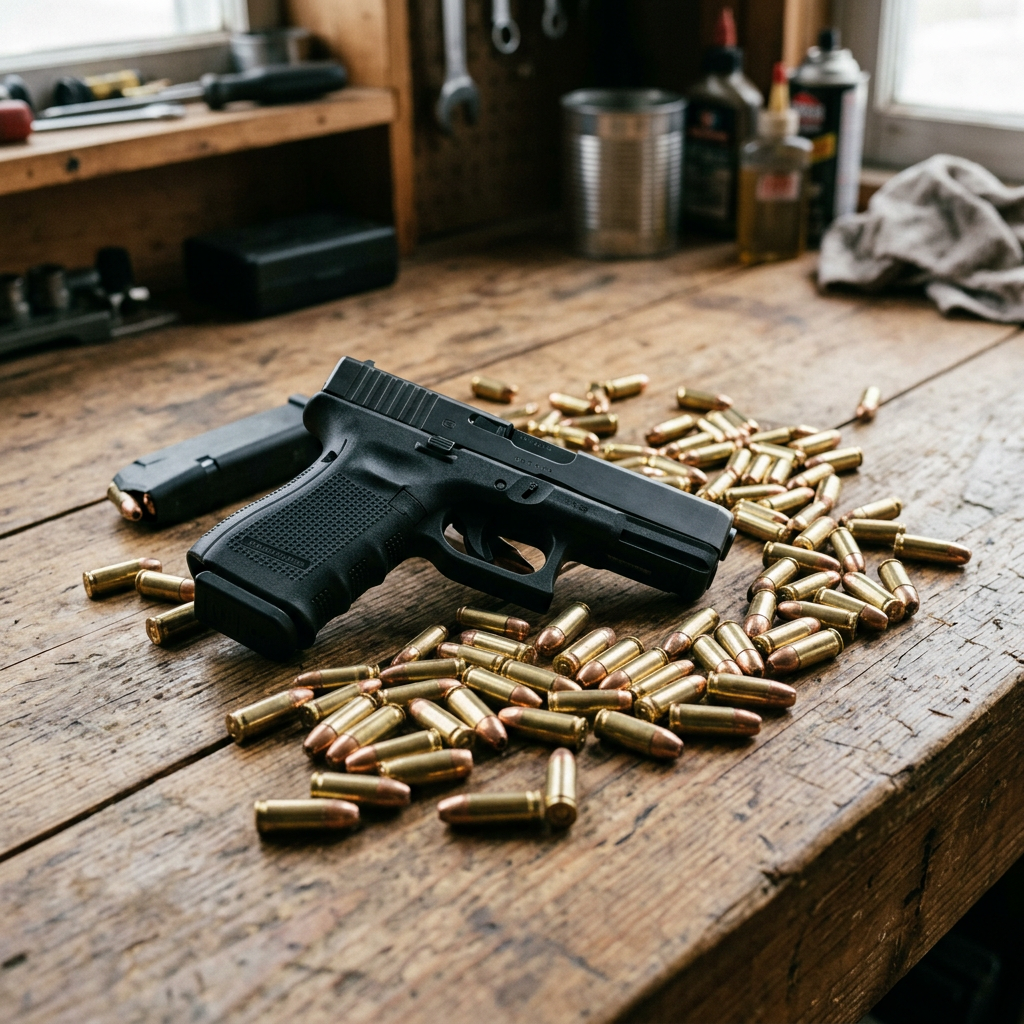 Handgun and loose ammunition on a wooden workshop bench