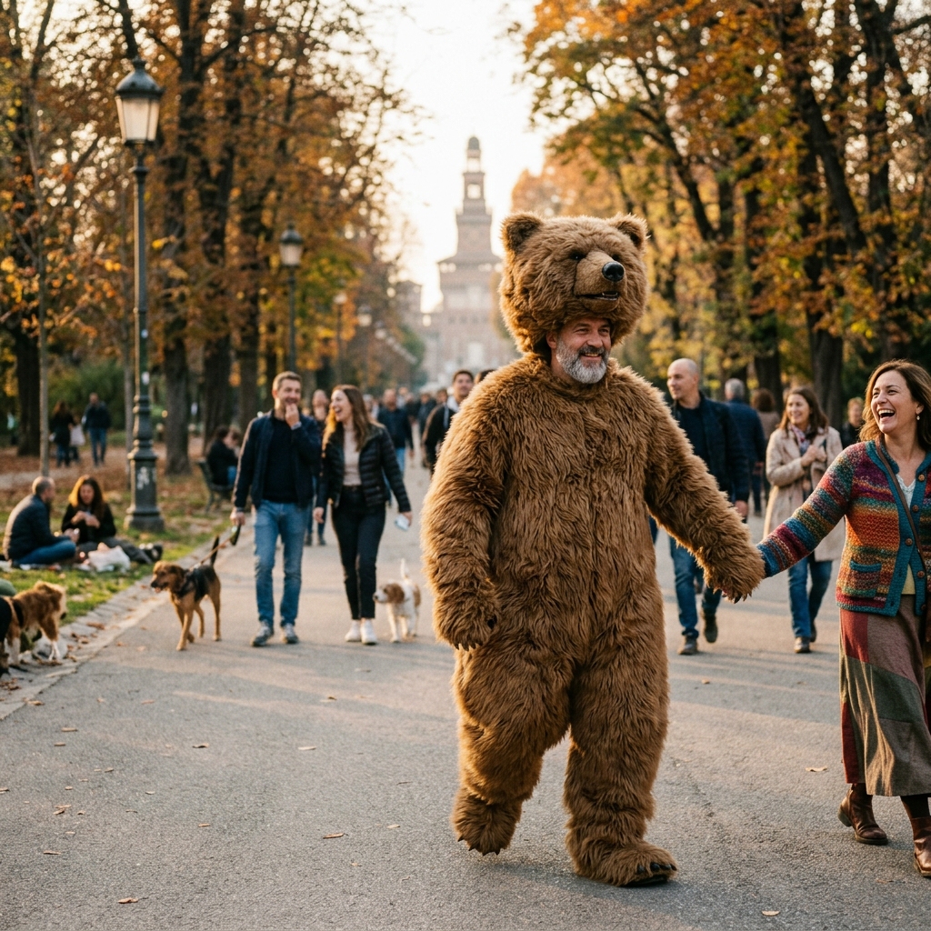 Bear-costumed performer holding hands with laughing woman in autumn park