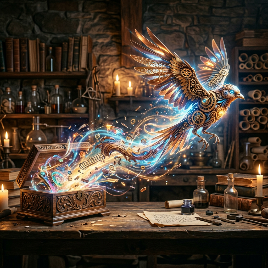 Luminous mechanical bird emerging from an ornate music box