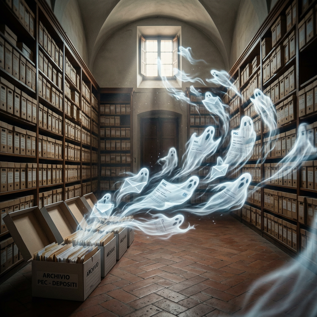 Ghostly documents float through an archive labeled “ARCHIVIO PEC - DEPOSITI,” with shelves of files.