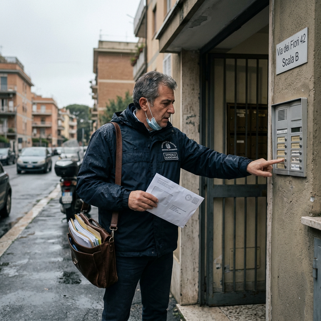 Postal worker pressing an apartment intercom while carrying mail