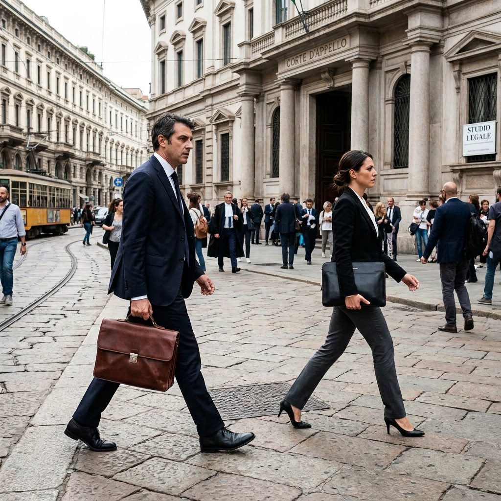 Two lawyers walking outside signs reading CORTE D'APPELLO and STUDIO LEGALE
