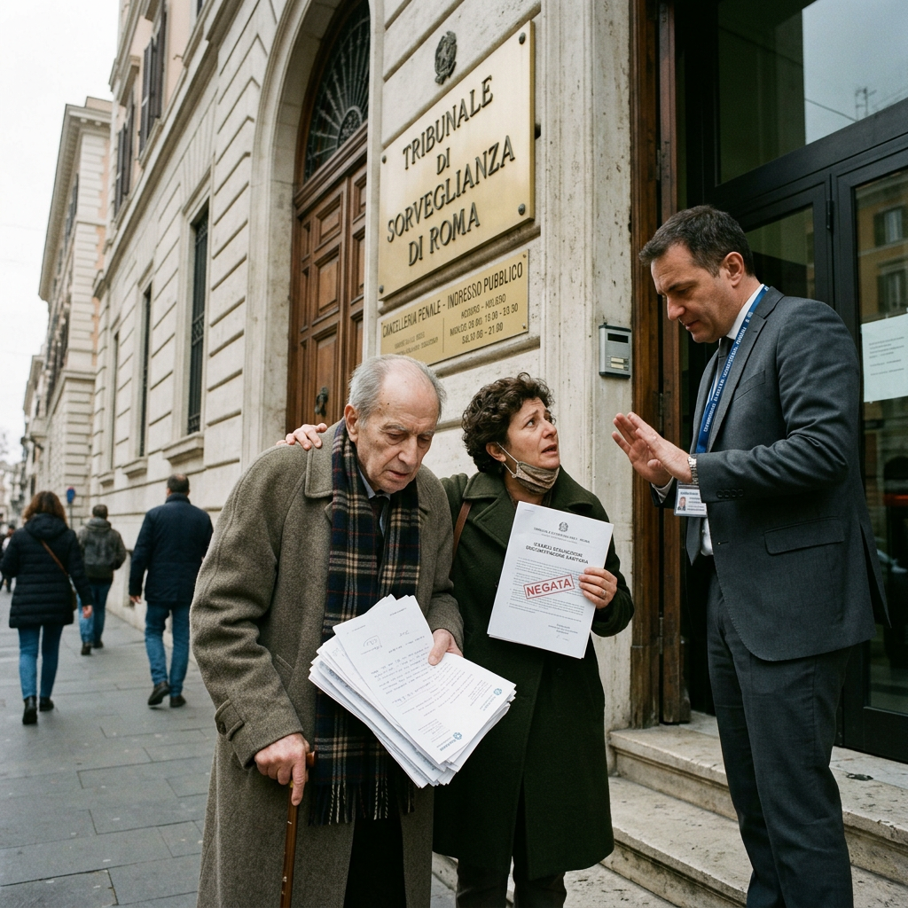 Two people hold legal papers marked “NEGATA” outside Rome’s Tribunal of Supervision.