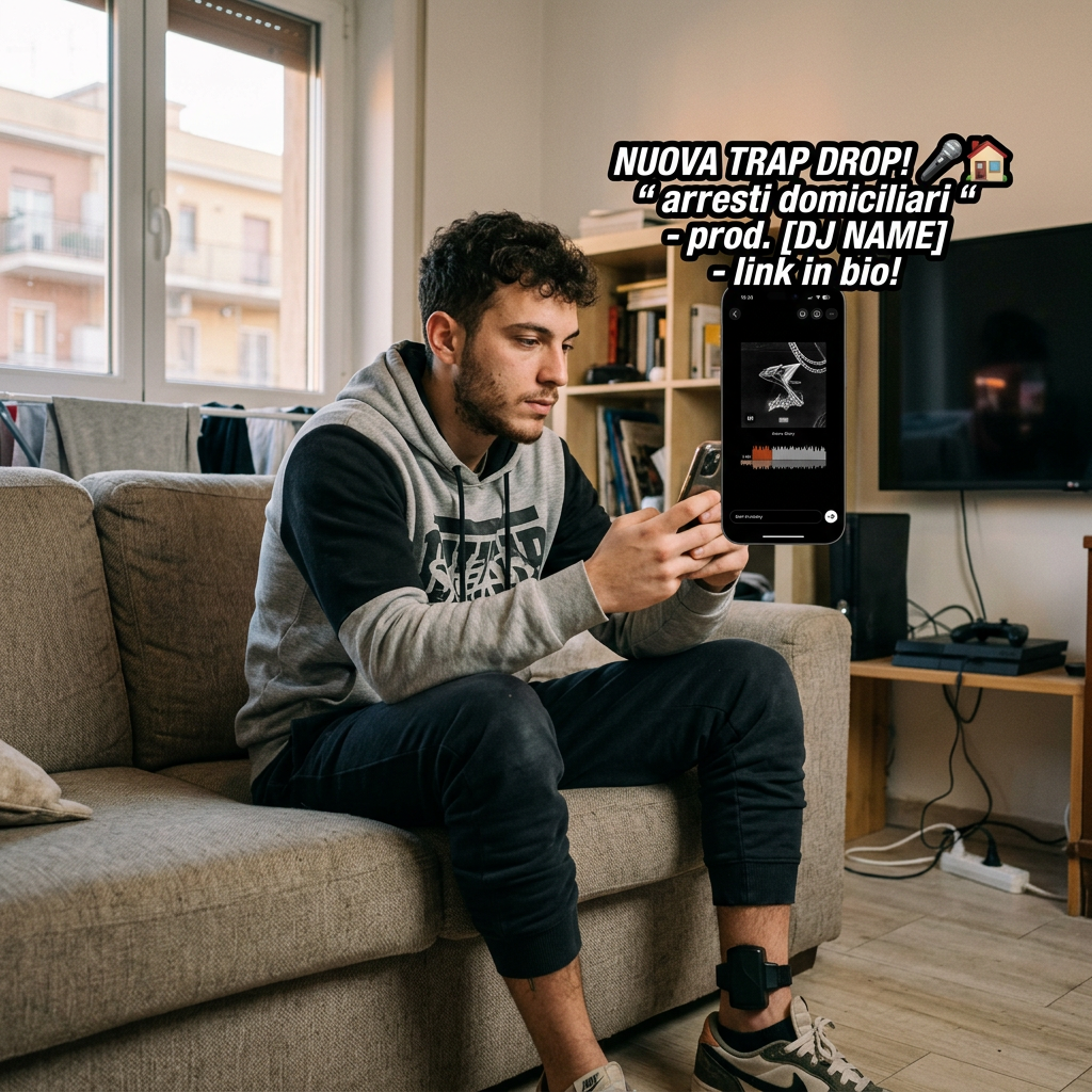 Young man using smartphone; text reads: “NUOVA TRAP DROP! 🎤🏠 ‘arresti domiciliari’ - prod. [DJ NAME] - link in bio!”