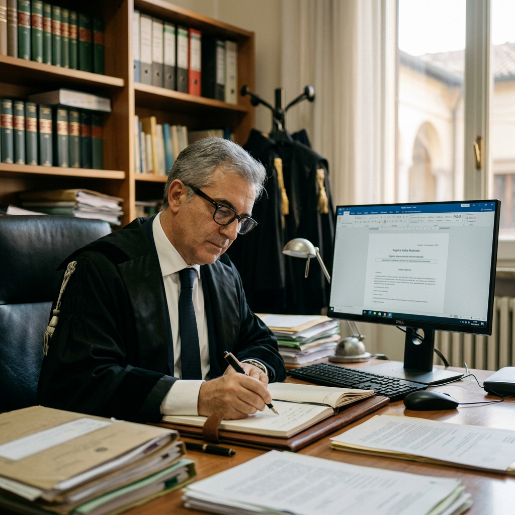 Legal professional in robes writing notes beside a computer