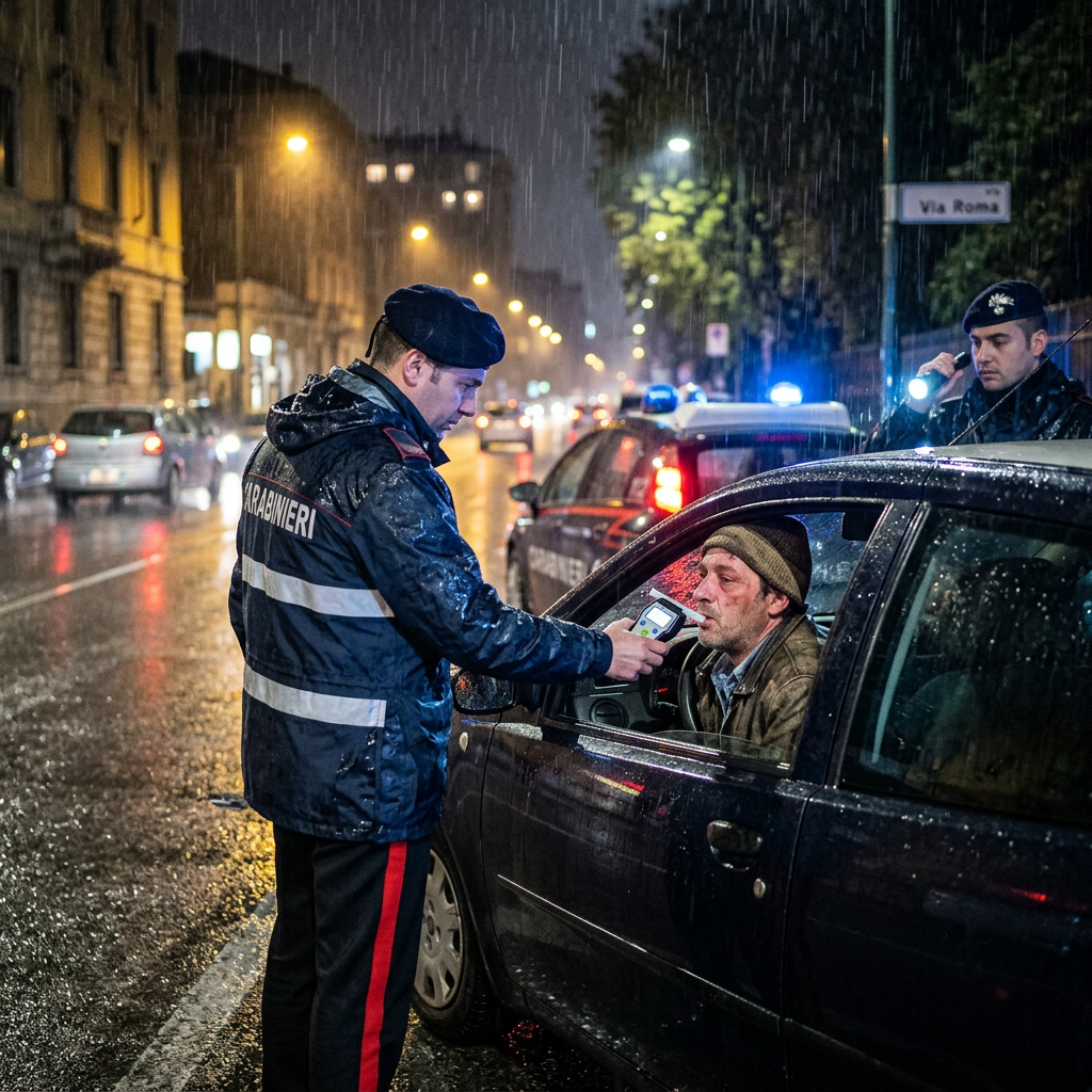 Carabinieri officer conducting a breath test on a driver in rainy Rome
