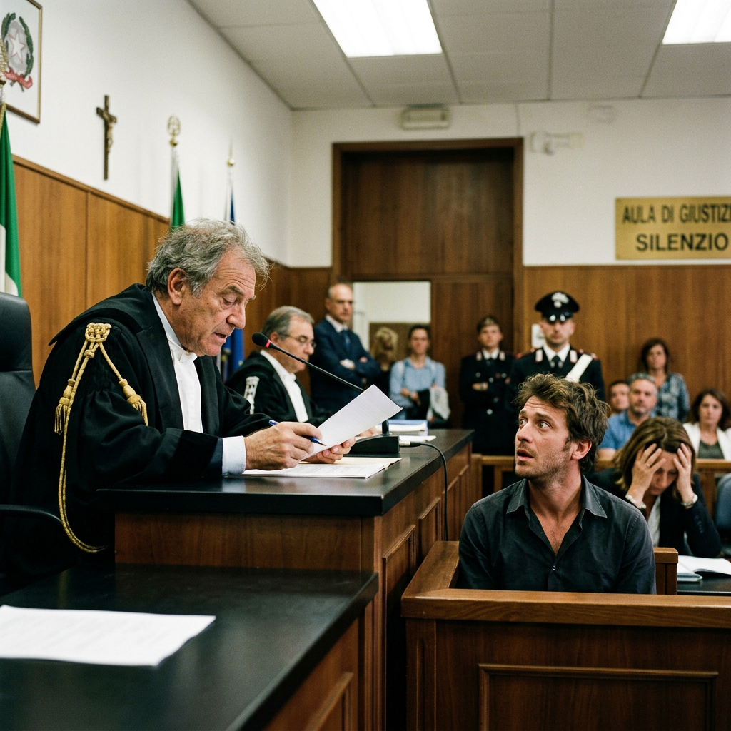 Lawyer reading papers beside a seated defendant in an Italian courtroom
