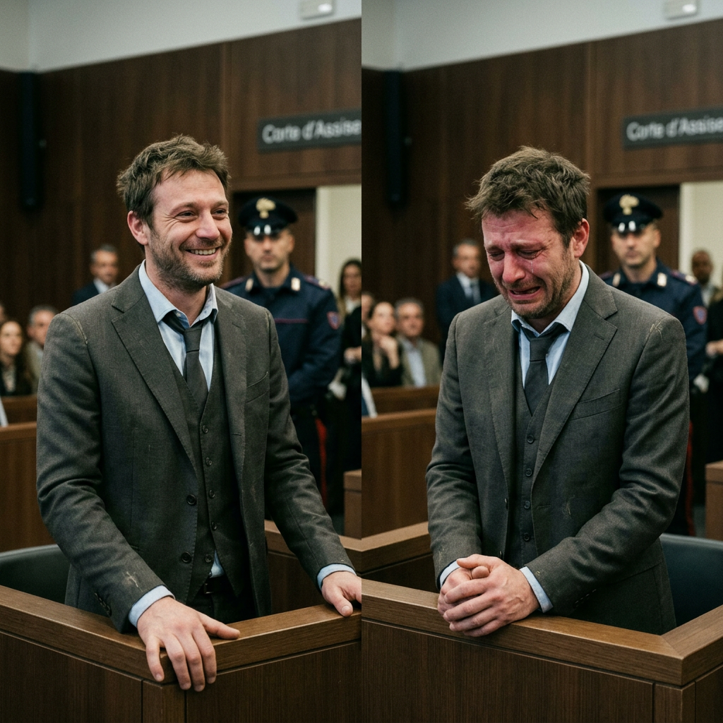Split-screen courtroom scene showing a smiling man and the same man crying