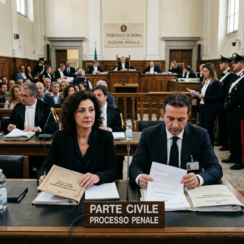 Civil party criminal proceeding at Rome Criminal Court, with courtroom signs visible