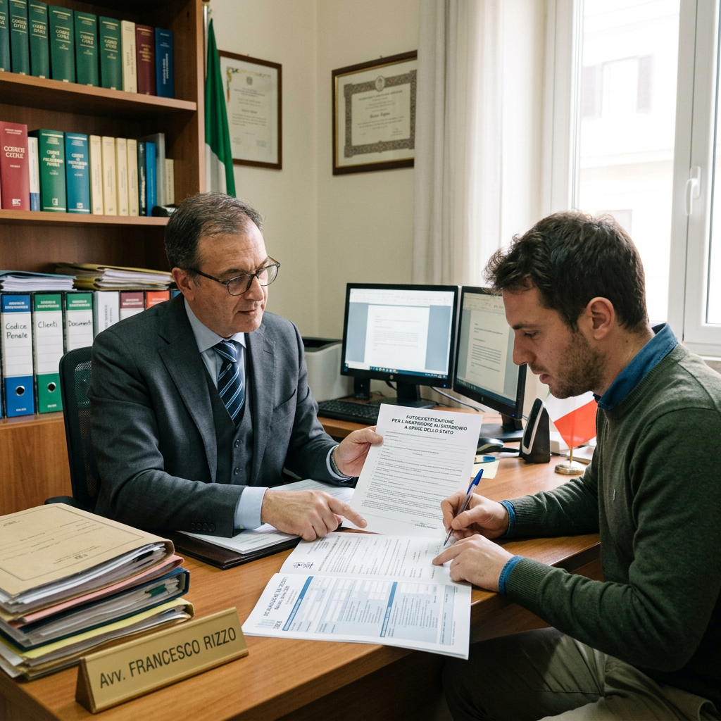 Attorney Francesco Rizzo reviews Italian paperwork with a client signing documents in an office.