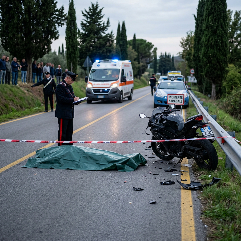 Road accident scene with motorcycle, covered body, ambulance, police, and INCIDENTE STRADALE sign
