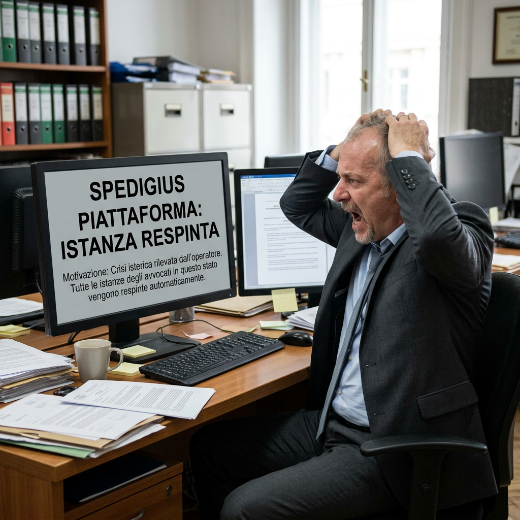 Lawyer reacting beside monitor reading “SPEDIGIUS PIATTAFORMA: ISTANZA RESPINTA” and rejection explanation