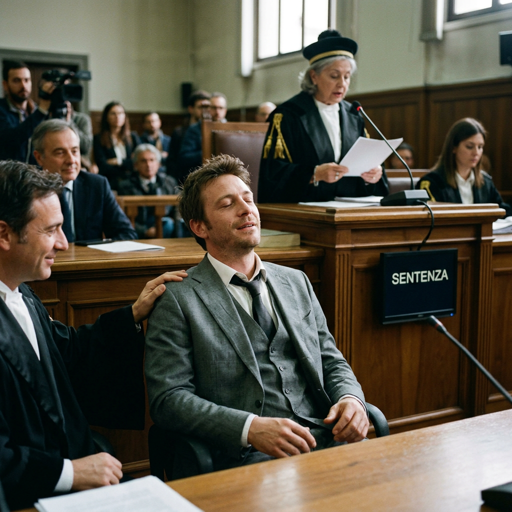 Court official reading a verdict while a suited defendant sits in court