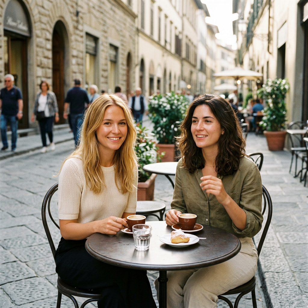 Two women enjoying coffee and pastries at an outdoor street café