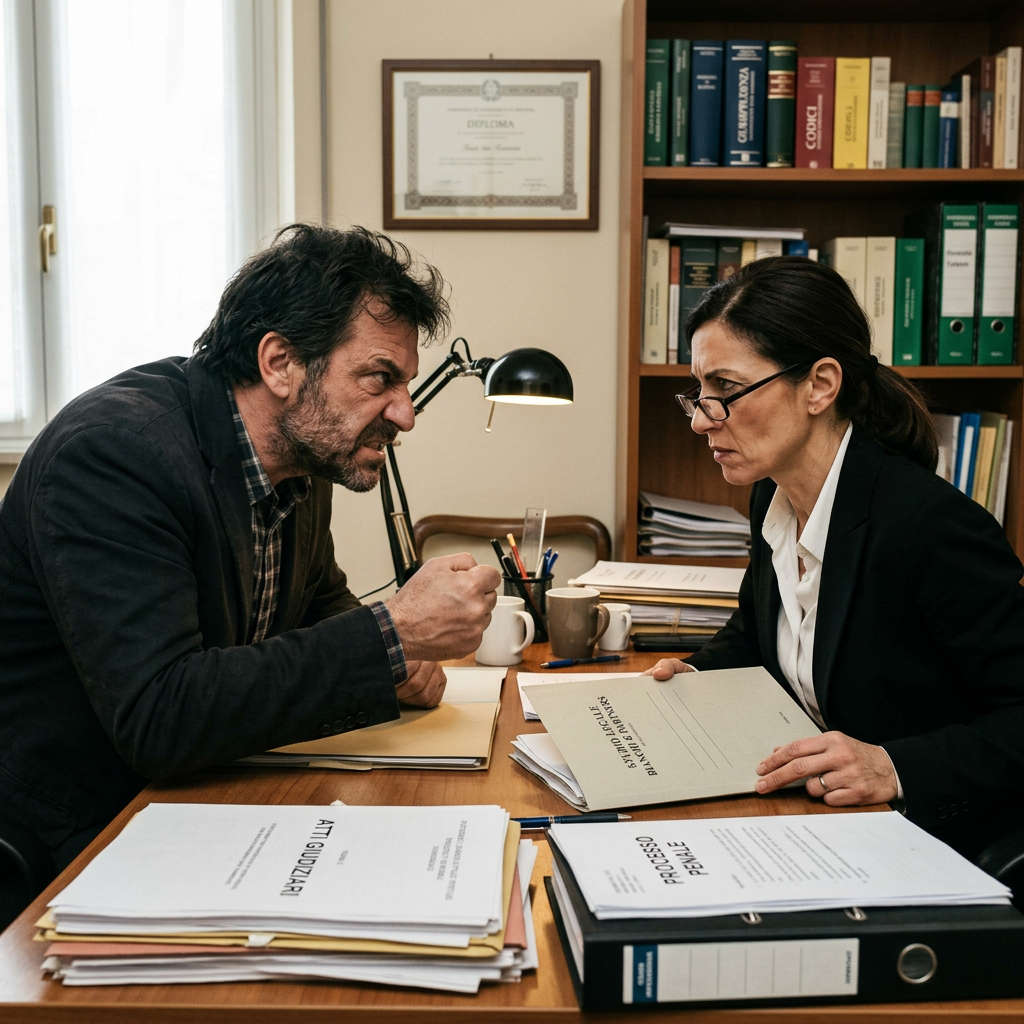 Two professionals discussing documents at a legal office desk