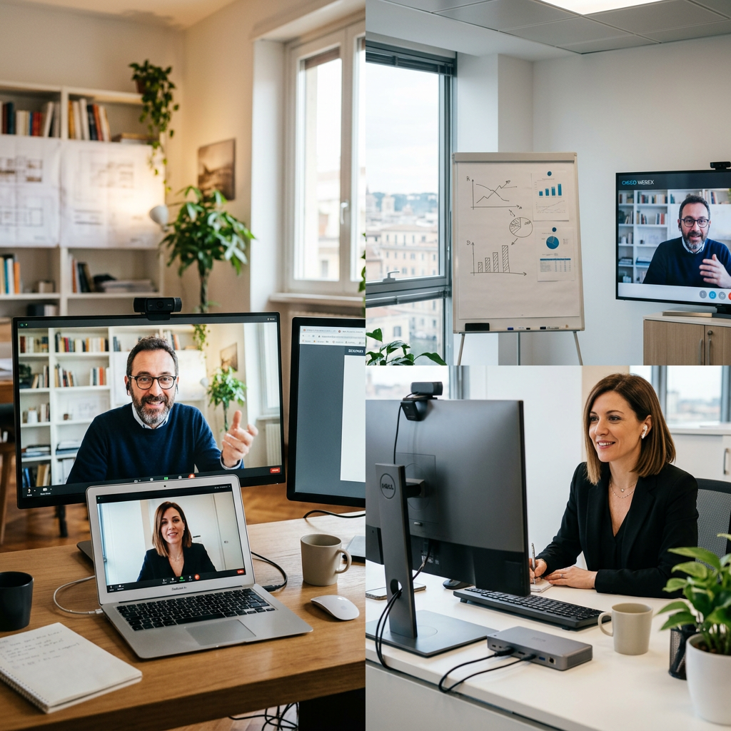 Split scene showing professionals in video meetings at home and office workspaces
