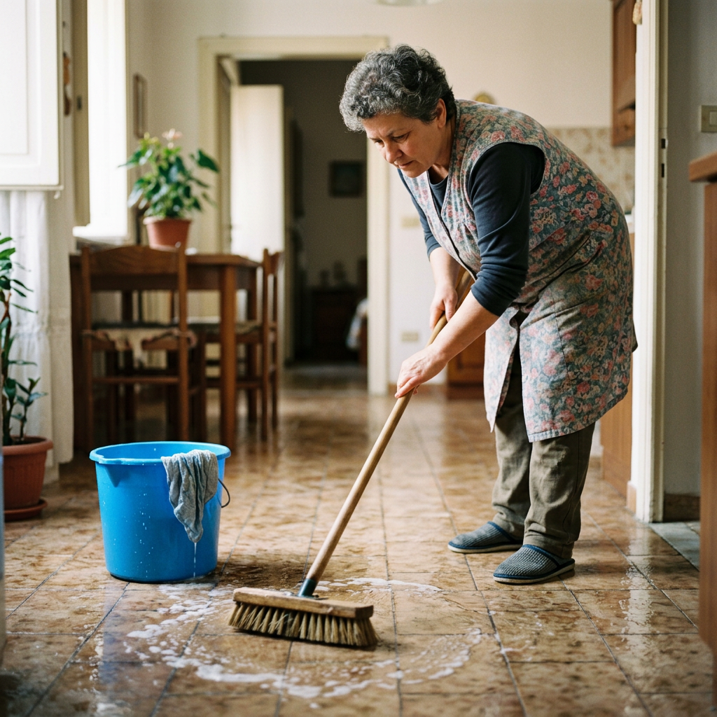 Persona che pulisce il pavimento con acqua