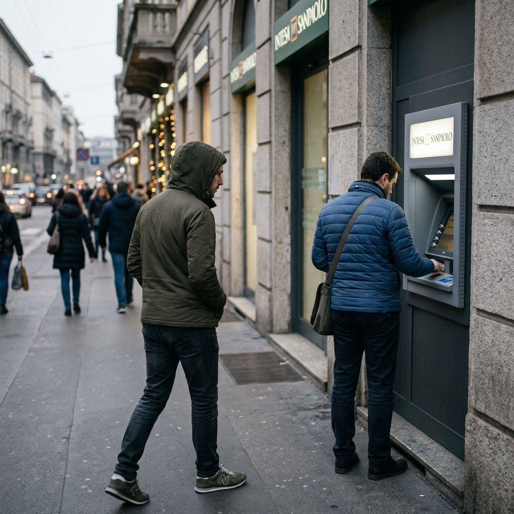Man using a Banco di Sardegna ATM on a busy city street