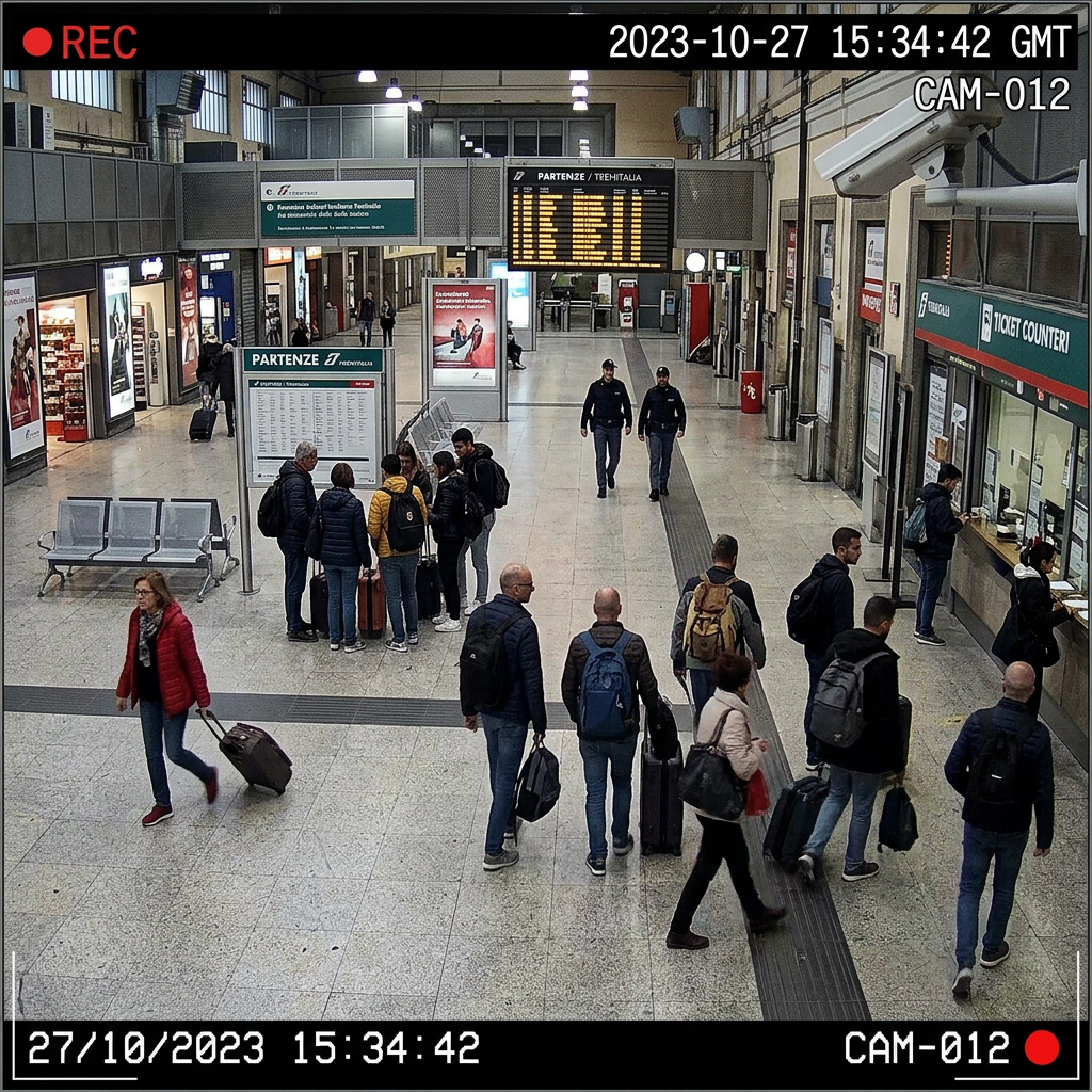 Travelers with luggage in a railway station departure hall