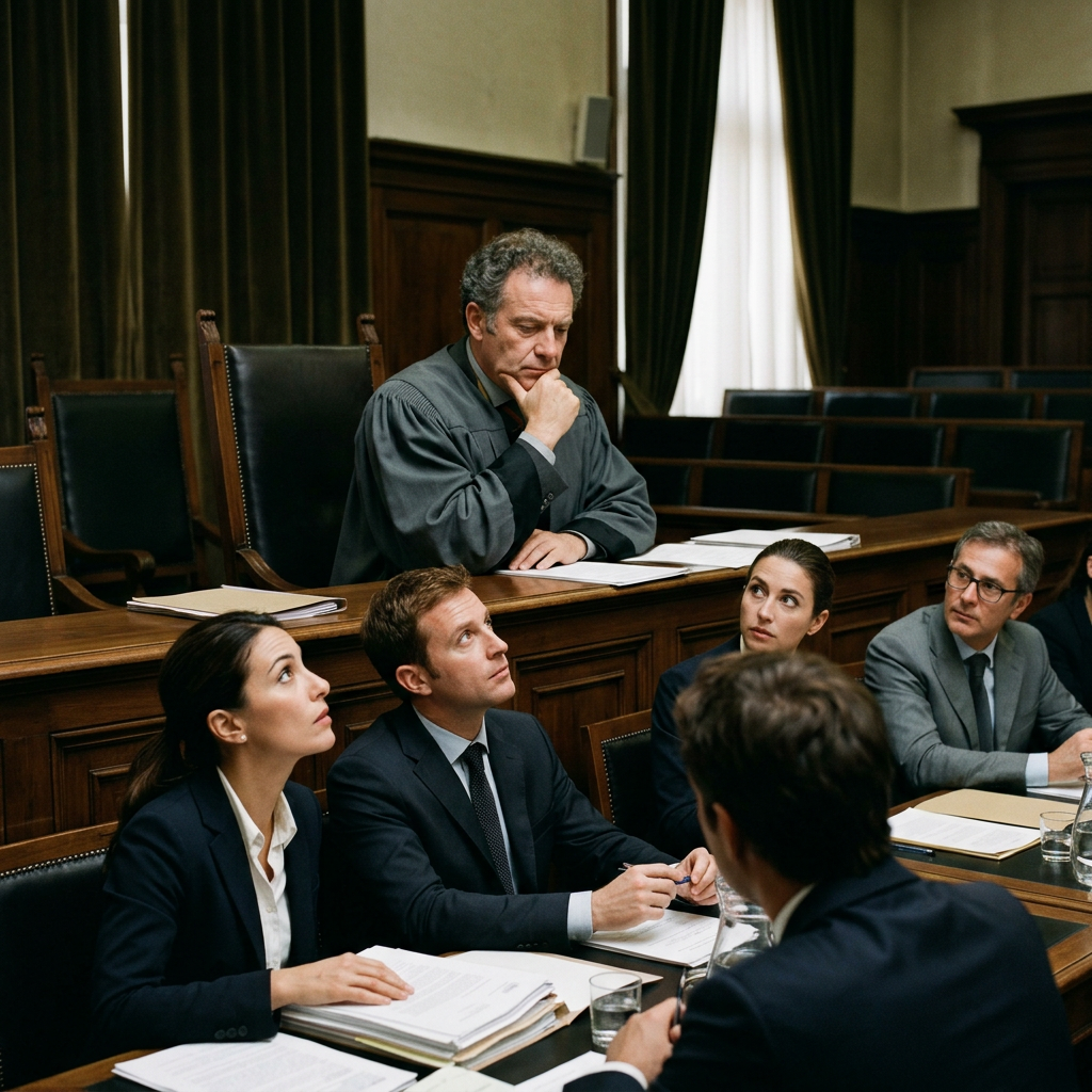 Judge and attorneys seated during a courtroom hearing