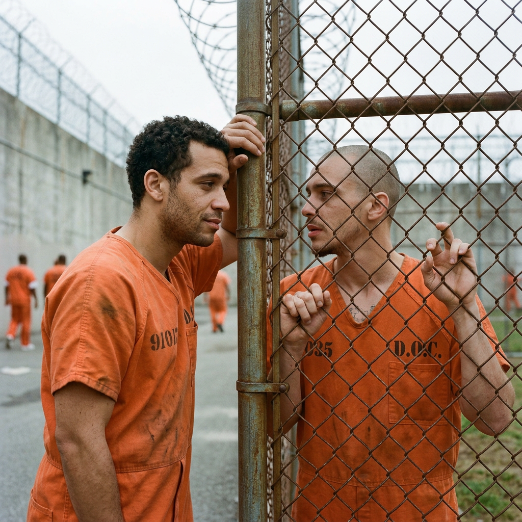 Two incarcerated men in orange uniforms talking through a chain-link fence