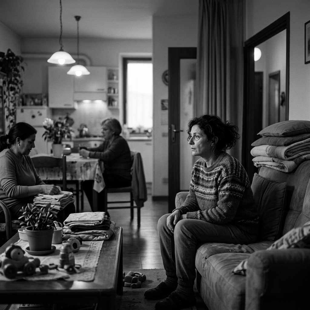 Three women in a home with folded laundry, houseplants, and toys