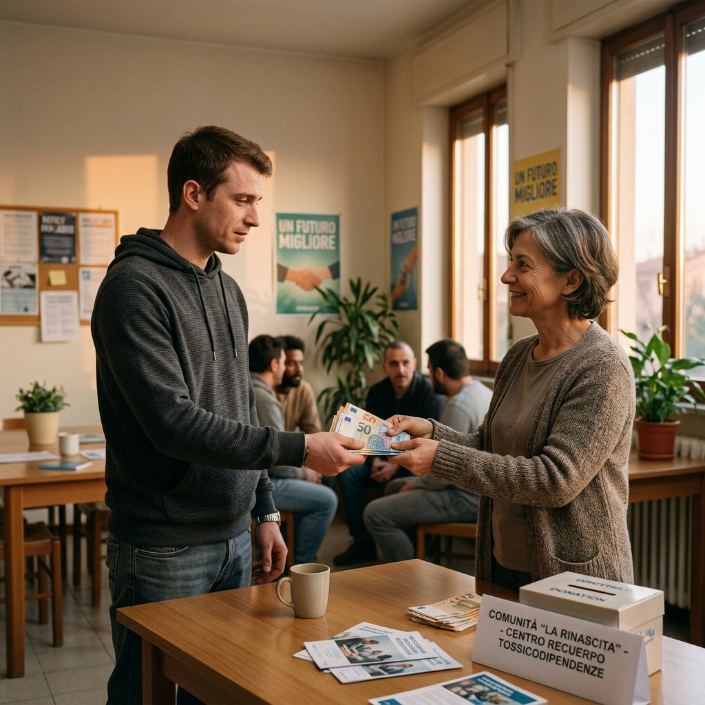 Man and woman exchanging €50 beside a box labeled Comunità La Rinascita recovery center