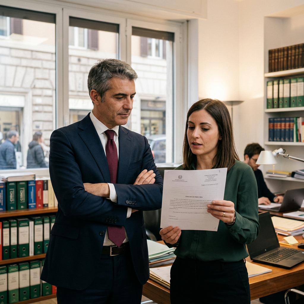Two professionals reviewing an official document in an office