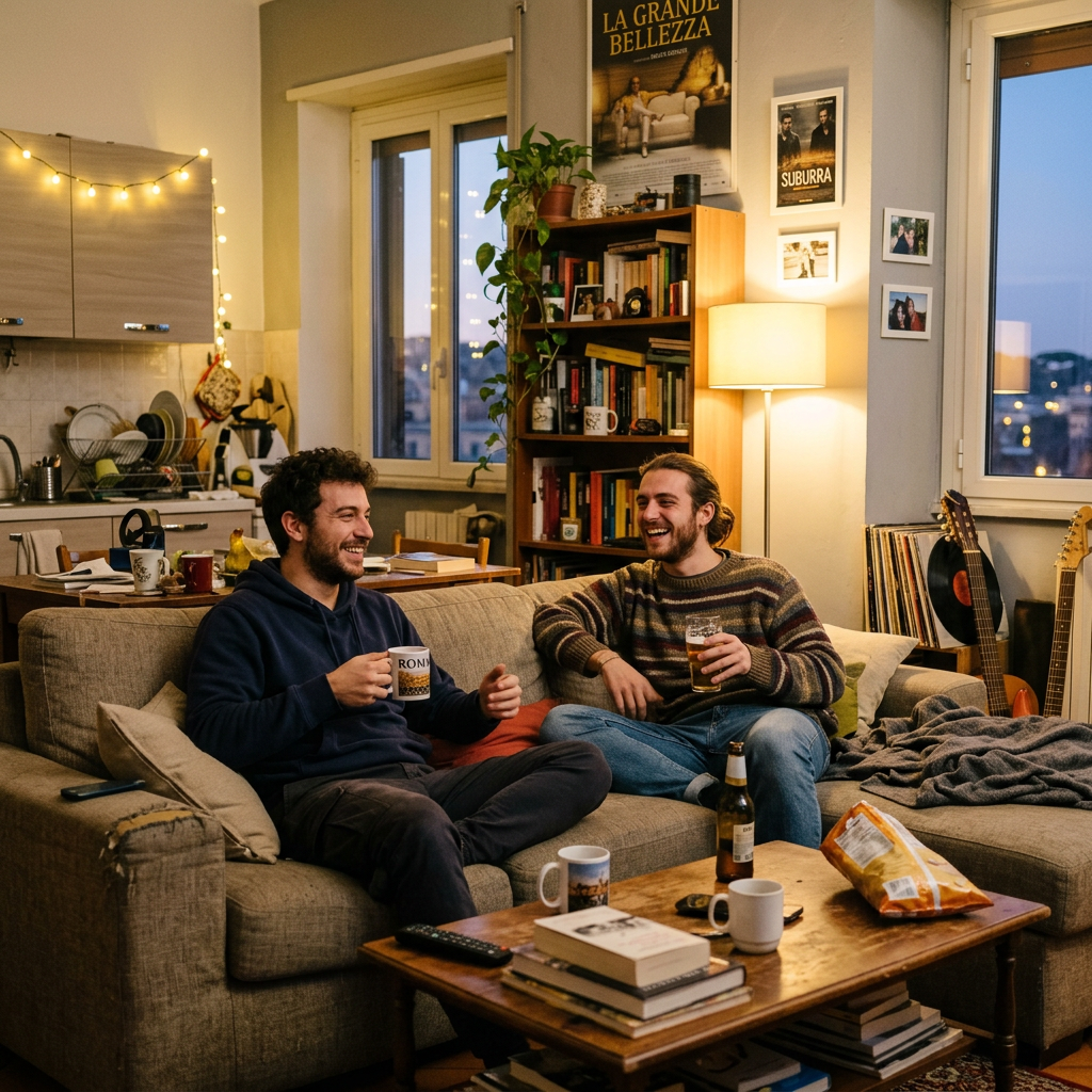 Two friends laughing on a sofa with drinks in a warmly lit living room